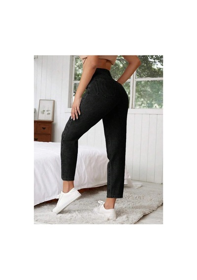 Kene Jeans Siyah Kemer Apolet Detaylı Mom Jeans Siyah