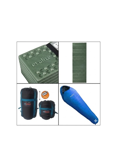 Seti: Ocean Pro -18 C Uyku Tulumu & Ultralight Comfort Katlanır Haki Mat Mavi