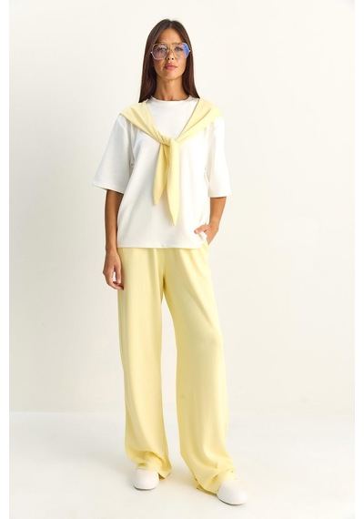 Shade Kadın Şal Detaylı Basic T-shirt Beli Lastikli Bol Pantolon Alt-üst Modal Takım 4116 60286084 - Sarı-beyaz Çok Renkli