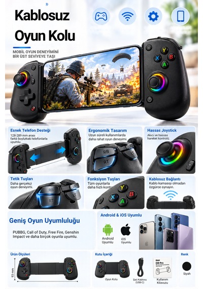 Kablosuz Mobil Oyun Kolu Rgb Joystick Android İos Uyumlu Telefon Tutuculu Mobil Gamepad