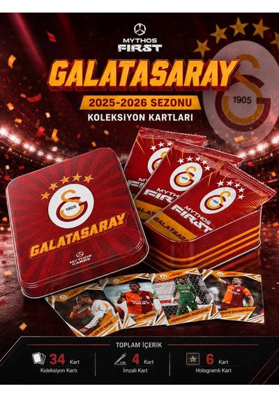 Mythos First Galatasaray 2025-2026 Sezonu Koleksiyon Kartları Metal Kutu 34 Kart Resmi Lisanslı
