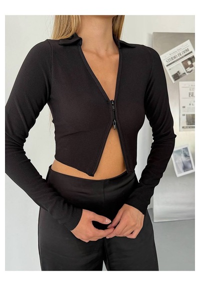 Kechi Woman Ottoman Kumaş Polo Yaka Fermuarlı Crop Siyah