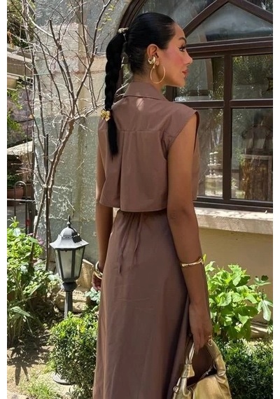 Defymoda Göbeği Halka Detaylı Midi Boy Elbise 2896 Kahverengi