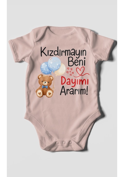 Morivokids Kızdırmayın Beni, Dayımı Ararım Kısa Kollu Bebek Body %100 Pamuk Pastel Pembe