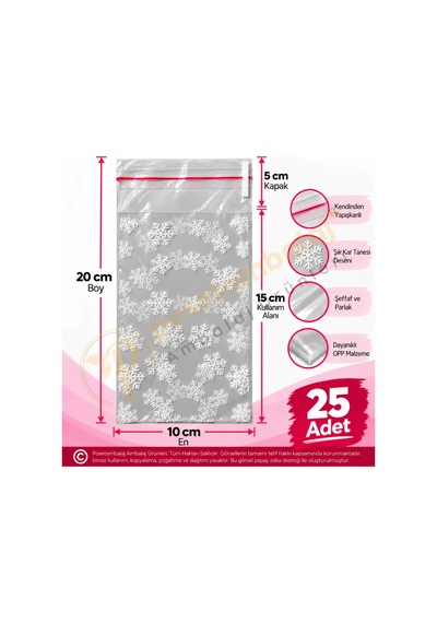 Kar Tanesi Desenli Bantlı Opp Poşet 10x20 Cm - 25 Adet