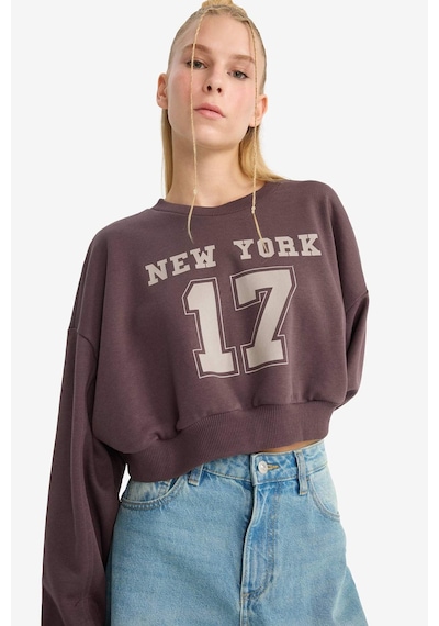 Defacto Coool Crop Bisiklet Yaka Baskılı Kalın Sweatshirt F8006ax25aubn549 Kahve