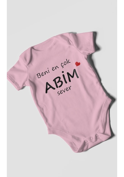Beni En Çok Abim Sever Baskılı Bebek Zıbını Çıtçıtlı Body %100 Pamuk Kısa Kol Koyu Pembe