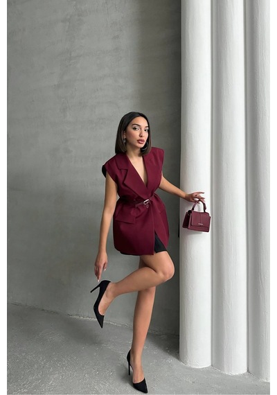 Neşeli Butik Kadın Salaş Kemerli Kolsuz Blazer Ceket Nbg076 Bordo