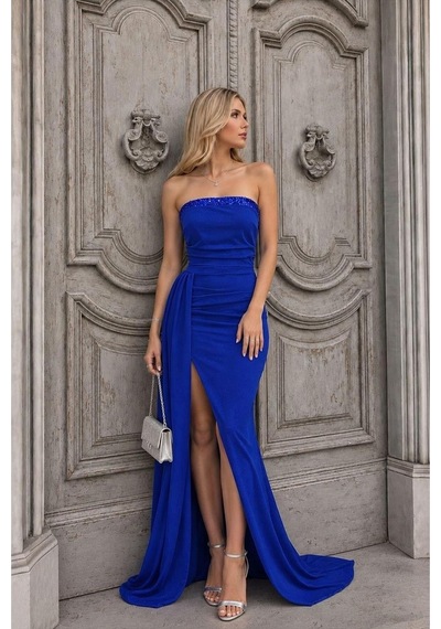 Lior Design Kadın Minimal Dik Yaka Payetli Maxi Uzun Kollu Abiye Elbise Saks