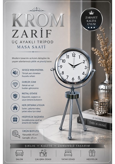 Krom Zarif & Şık Üç Ayaklı Metal Masa Saati