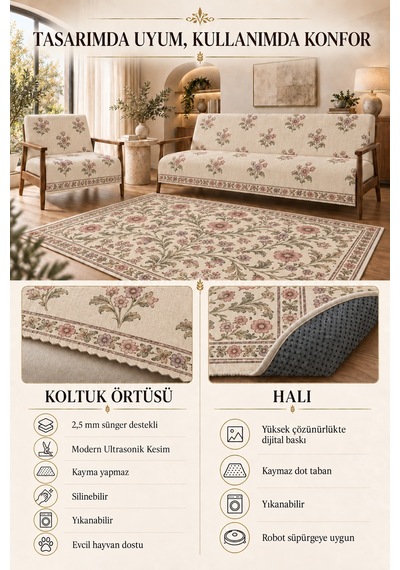 3 Lü Set 2 Adet 165x215 Cm Koltuk Örtüsü + 1 Adet 6m2 180x280 Cm Kaymaz Taban Dijital Baskılı Halı krem