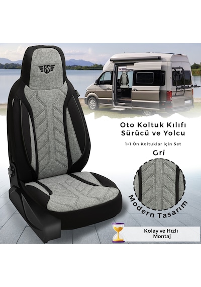 Plkt Serisi Ford Transit T16 2000-2006 İle Uyumlu Pilot Oto Koltuk Kılıfı, Gri/siyah