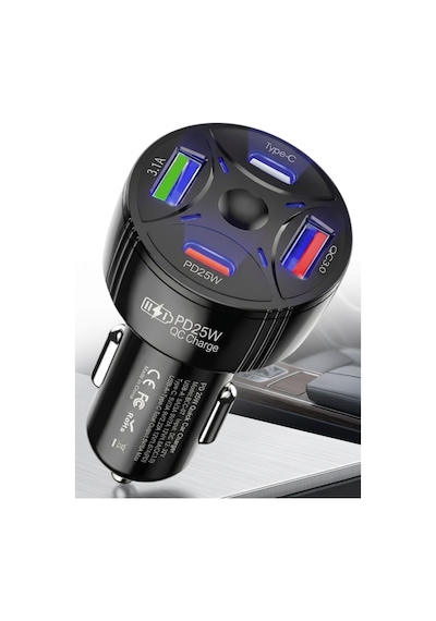 Super Şarj 4 Port Pd25w, Qc3.0, Araç Şarjı Çakmaklık, 2x Usb 2x Type-c, Çoklayıcı, 12-24v, 5v/6a Max