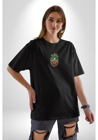 Kalp Parmak Kız Yeşillik Mutluluk Siyah Oversize Unisex Ön Orta Minimal Baskılı Tişört Siyah