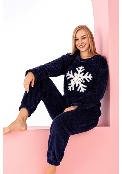 Nisanca Desenli Tam Peluş Kışlık Yılbaşı Kadın Pijama Takımı Lacivert