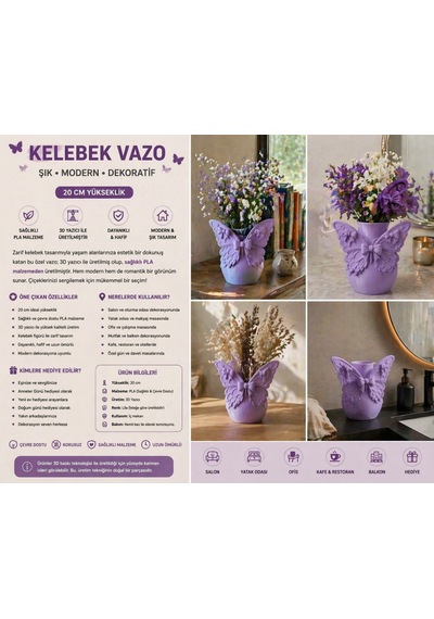 Kelebek Figürlü Dekoratif Vazo 20 Cm 3d Baskı Modern Çiçeklik Şık Tasarım Pla Sağlıklı Malzeme Çok Renkli