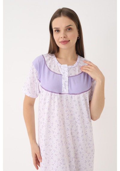 Yasar Underwear Kadın Pamuklu Kısa Kollu Desenli Düğmeli Uzun Gecelik Lila Lila