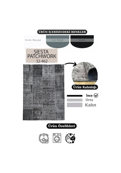 Çam Halı Siesta Patchwork 32-462 Etnik Eskitme Desenli Dokuma Tabanlı Yıkanabilir Şönil Salon Ve Oda Halısı Siyah