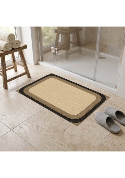 Kartela Halı Jüt Görünümlü Banyo Paspası Natürel Siyah Kaymaz Taban Makinede Yıkanabilir 40x60 Cm