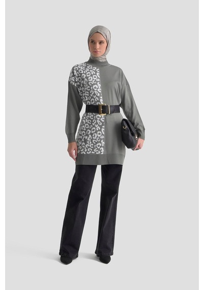 Armine Trend Leopar Desenli Balıkçı Yaka Triko Tunik Gri 25ytd4110 Gri