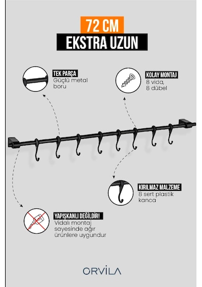 Siyah Metal Mutfak Ve Banyo Askısı Çok Amaçlı 8 Kancalı Askı Demiri Maxi 72 Cm