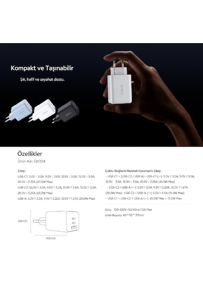 67w 3 Portlu Gan Hızlı Şarj Adaptörü - 2x Type-c + 1x Usb-a Şarj Cihazı Siyah