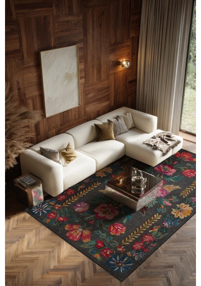 Fiora 206 Siyah Renkli Çiçekli Modern Halı Tasarım İnce Kilim Halı Hol Yolluk Ev Oda Salon Halısı Renkli C