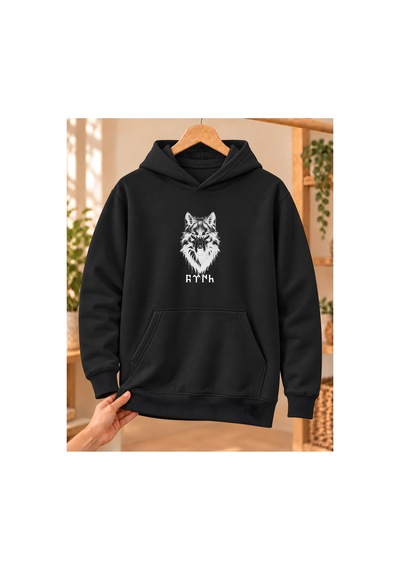Mor Mürekkep Bozkurt Başı Ve Göktürk Yazısı Baskılı Kapüşonlu Sweatshirt - Siyah