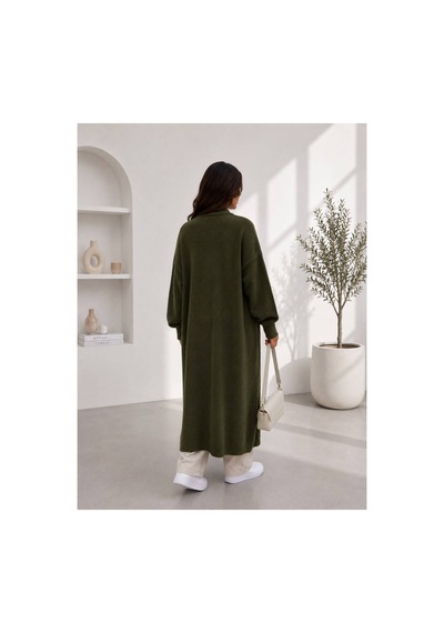 Hira Life Fashion Kadın Şal Yaka Uzun Triko Ve Sakallı Tüylü Hırka Haki Haki