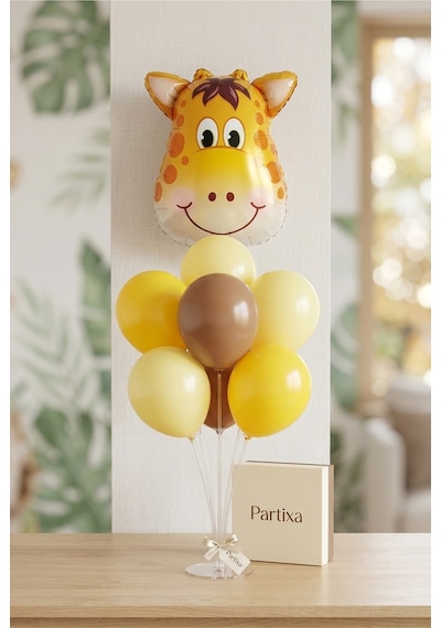 Safari Zürafa Kafa Balon Stand Seti Şeffaf 7 Li Stand + Safari Zürafa Folyo Balon + 7 Lateks Balon