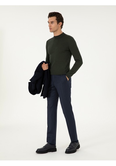 Cacharel Haki Slim Fit Yün Karışımlı Çeyrek Balıkçı Yaka Basic Triko Kazak Yesıl