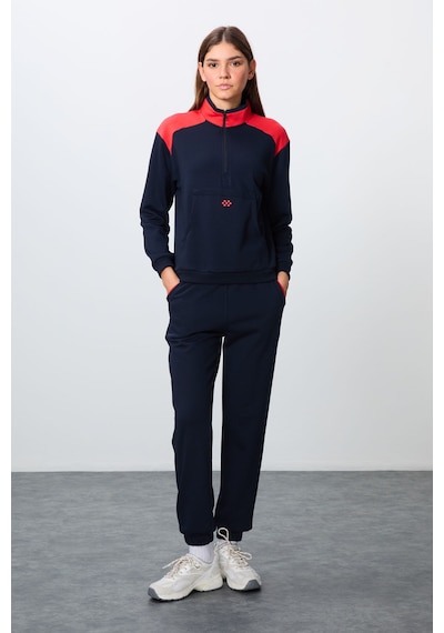 Tommy Life İndigo Kompakt Pamuklu Kalın Pürüzsüz Dokulu Dik Yaka Oversize Fit Kadın Eşofman Takım - 95342 Indıgo İndigo