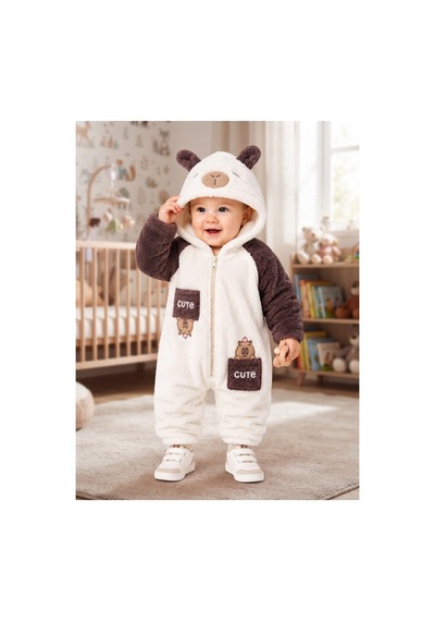 Chicsy Baby Tatlı Ayıcık Nakışlı Bebek Welsoft Tulum Kapüşonlu Kulaklı Fermuarlı Cepli Kışlık Peluş Tulum Kahverengi