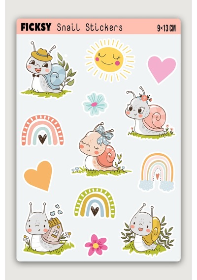 Sevimli Salyangoz Ailesi Sticker Seti - 13 Adet Etiket Çıkartma Gökkuşağı, Güneş, Kalp Ve Çiçek Diğer