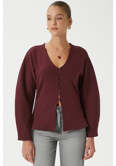 Ritnice Kadın Osea Premium Bele Oturan Bordo Şık Düğme Detay Peplum Bluz Bordo