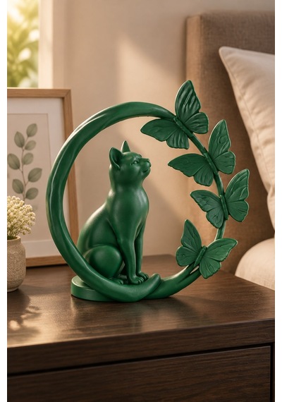 Kelebeklerle Çevrili Zarif Kedi Figürlü Dekoratif Biblo 41511972