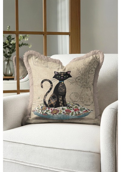 Vintage Patchwork Kedi Saçaklı Yastık Kılıfı - Samimi Country Bej Çiçekli Püsküllü Kırlent Kılıfı Metalik Kumlu Bej Vintage Patchwork Kedi Saçaklı Yastık Kılıfı - Samimi Country Bej Çiçekli Püsküllü Kırlent Kılıfı Metalik Kumlu Bej