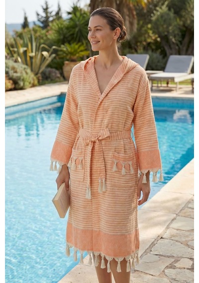 Kapşonlu Unisex Peştemal Plaj Bornozu %100 Pamuklu Seaside Stripe Turuncu