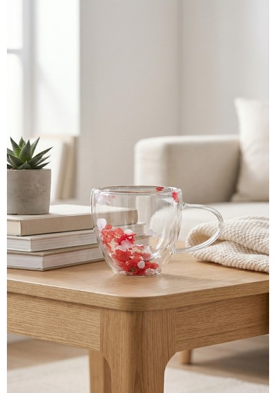 Makri Home Kırmızı Beyaz Çiçekli Çift Cidarlı Cam Kupa, 350 Ml, 11 Cm X 8 Cm Çok Renkli