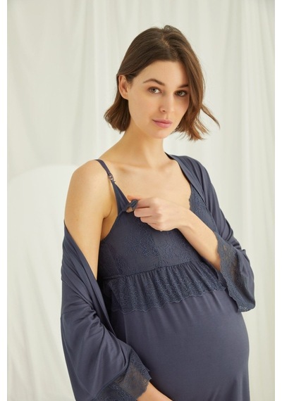 Burdagel Monamise Kadın Lacivert Hamile Lohusa Sabahlıklı Pijama Takım 184