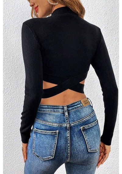 Kadın Siyah Çapraz Bel Detaylı Dik Yaka Uzun Kol Crop Top Bluz