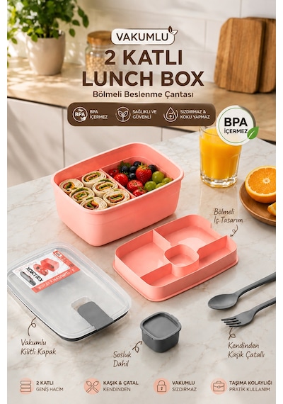 Porsima 3193 Vakumlu Sosluklu Bölmeli 2 Katlı Lunch Box Saklama K