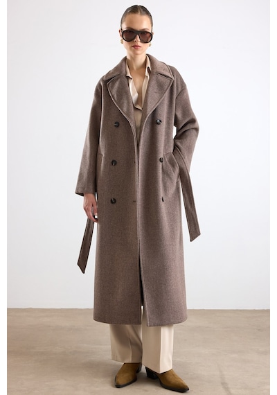 Olcay Oversize Düşük Kol Kruvaze Kaban Latte 3173 Krem
