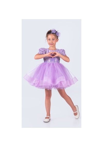 Mnk Baby & Kids Tütü Gren Etekli Kız Çocuk Pul Payetli Kısa Kol Kikidi Elbise Mnk0601 Lila