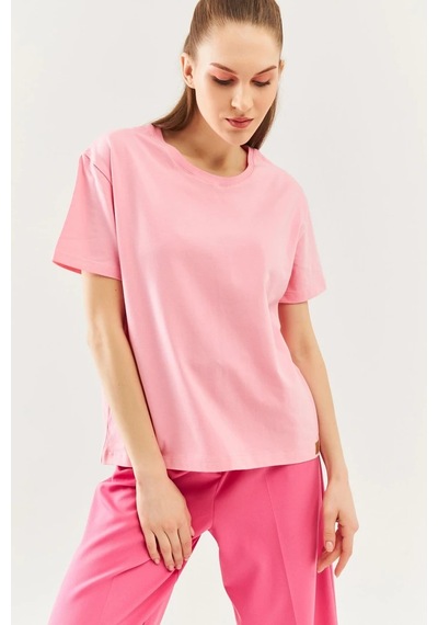 Kadın Oversize Rahat %100 Pamuklu Penye Bisiklet Yaka Kısa Kol Basic T-shirt Pembe
