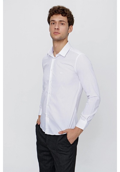 İmza Beyaz Uzun Kol Düz Bez Ayağı 041 Sert Yaka Basic Slim Fit Gömlek 1004245057 Beyaz