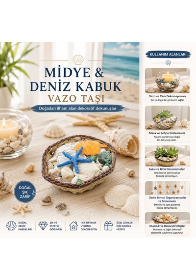 Küçük - Kare - Ahşap Sepetli Renkli Mix Midye - Deniz Kabuk Vazo Taşı 5705