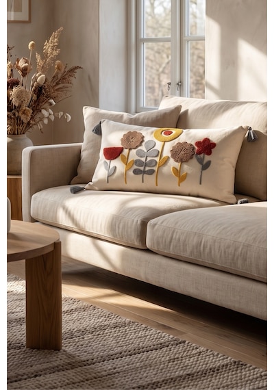 Çiçek Bahçesi Renkli Botanik Punch Nakışlı Püsküllü Pamuk Kırlent Kılıfı 35x55 Cm Gri