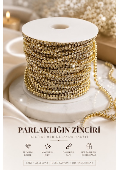 Şerit Taş Ss16 Gold 3 Metre Boncuk-kristal Taşlı Gold Zincir Şerit Parlak Takı Ve Aksesuar Zinciri Beyaz