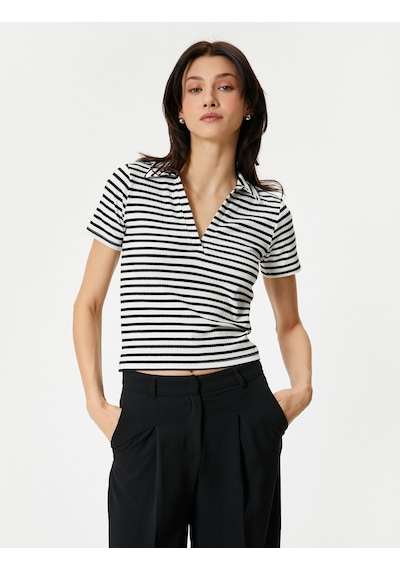 Koton Polo Yaka Tişört Kısa Kollu Fitilli Standart Kesim Siyah Çizgili 4sak50045ek Siyah